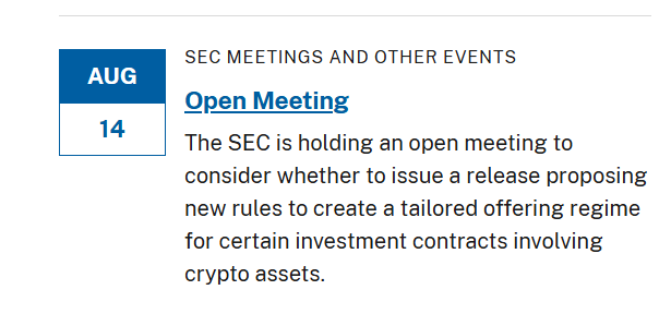 The image is an SEC calendar entry for August 14 announcing an Open Meeting where the SEC will consider proposing new rules creating a tailored offering regime for certain investment contracts involving crypto assets. This relates to the post by highlighting the SEC's Friday meeting aimed at establishing the first formal rulebook for how crypto tokens can be offered and sold, which could signal the clearest regulatory green light for crypto in years.