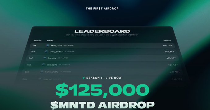 MemeNTD ($MNTD) airdrop leaderboard advertisement showing top players' XP rankings and a $125,000 prize pool for 'THE FIRST AIRDROP' Season 1.