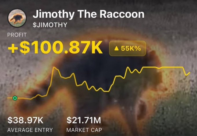 A cryptocurrency chart showing 'Jimothy The Raccoon' ($JIMOTHY) token with a profit of +$100.87K, a 55K% increase, $38.97K average entry, and $21.71M market cap, displayed over a raccoon image.