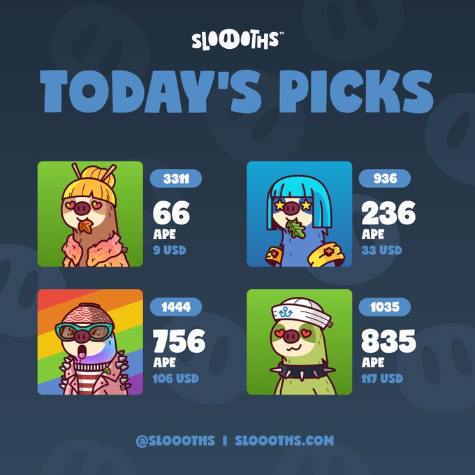Promotional graphic titled 'TODAY'S PICKS' from SLOOTHS, displaying four NFT-style sloth characters with their IDs (3311, 936, 1444, 1035) and prices in APE tokens and USD (66 APE/9 USD, 236 APE/33 USD, 756 APE/106 USD, 835 APE/117 USD).