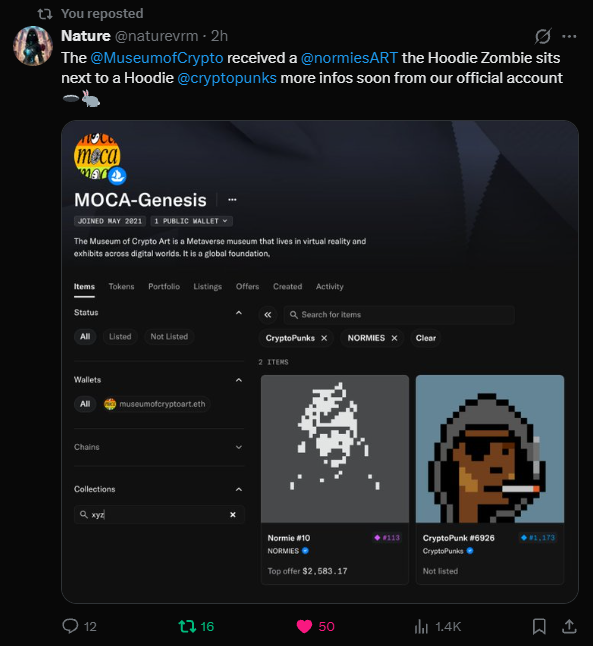 A reposted tweet from Nature (@naturevrm) announces that Museum of Crypto received Normie's Hoodie Zombie NFT, sitting next to a CryptoPunk, with an attached OpenSea listing showing Normie #10 and CryptoPunk #6926.