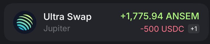 A dark transaction notification from Jupiter's Ultra Swap shows a purchase of 1,775.94 $ANSEM (gaining +1) in exchange for 500 USDC, illustrating the user's crypto purchase highlighted in the post about supporting $ANSEM by buying into the token.