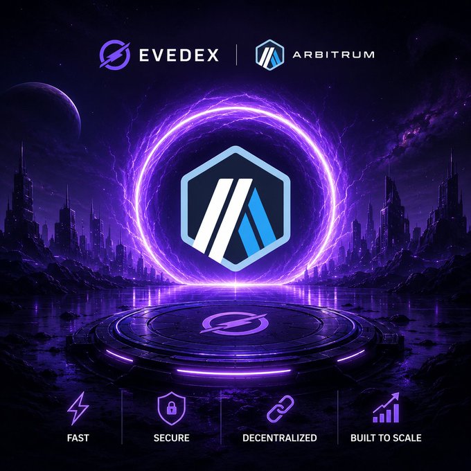 A promotional graphic for EVEDEX on Arbitrum featuring a glowing purple portal and the Arbitrum logo, highlighting features: FAST, SECURE, DECENTRALIZED, BUILT TO SCALE.