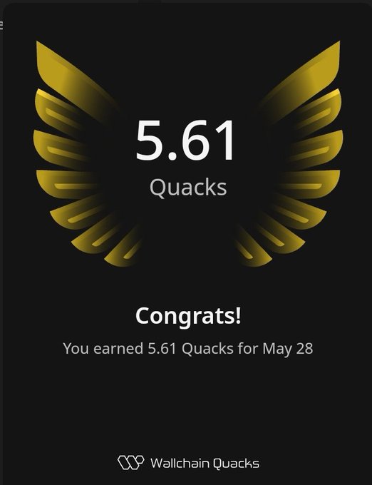 The image shows a poster or card displaying an achievement for someone who has earned 5.61 Quacks. The text on the card congratulates the user, stating that they have earned 5.61 Quacks for May 28. The poster also mentions that this achievement is related to Wallchain Quacks and that it was done in one day.
