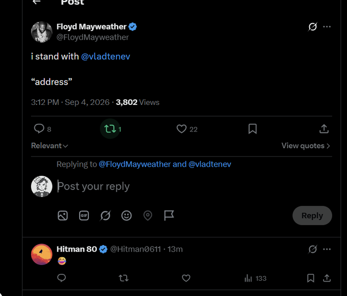 A screenshot of an X (Twitter) post by Floyd Mayweather (@FloydMayweather) saying 'i stand with @vladtenev "address"' dated Sep 4, 2026, with 3,802 views.