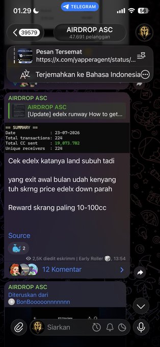 A screenshot of a Telegram group called "AIRDROP ASC" (with 47,691 members) displays a pinned message summarizing EdelX airdrop data dated 23-07-2026, showing 226 total transactions, 19,073.782 CC sent, and 224 unique receivers. The post discusses EdelX ("edelx") landing earlier that morning and notes rewards are now only 10-100cc, with a source link to x.com/yapperagent/status/. This relates to the caption by promoting EdelX as a legitimate Canton project with 100 codes shared.