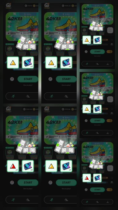 A mobile app interface showing a '42KILL' reward screen with virtual sneaker and loot box graphics, a 'START' button, and rewards including sneaker cards (x5) and star coins (x2 or x3).