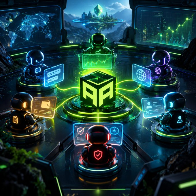 A futuristic command center shows multiple robot figures surrounding a glowing green cube logo, each displaying different holographic screens representing various digital tools.