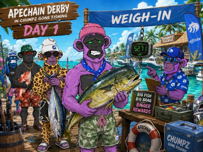 The image features a cartoon depiction of a group of people fishing, with one man holding up a fish above his head. The scene takes place near a beach or pier where several boats are docked. There are also other people present in the background who appear to be engaged in various activities. The post is titled "THE APECHAIN DERBY - IN CHAMPION'S DAY 1,095 APE Pot - TOP 20: 329 / 197 / 131 APE Top 3 separated by a whisker." This suggests that the image was taken on Day 1 of the APECHAIN DERBY event. The post also mentions "Biggest Fish" and "Winners Take All," which implies that there might be a competition or contest related to fishing in this particular location.