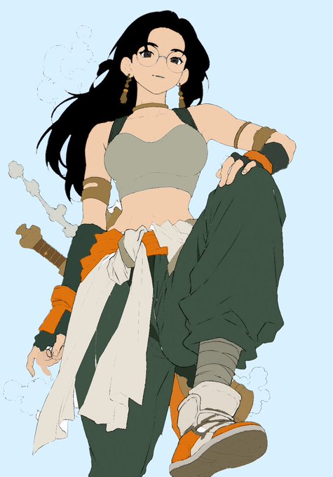 Illustration of a black-haired anime-style female character wearing glasses, a green crop top and cargo pants with orange accents, holding a sword.