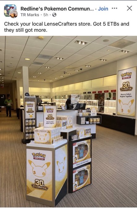 A LensCrafters store features a prominent Pokémon 30th Anniversary display with multiple Elite Trainer Boxes (ETBs) stacked on branded podiums, celebrating the milestone with Pikachu imagery and "Store to Collect. Higher Together." signage. The Facebook post from TR Marks notes finding 5 ETBs in stock, suggesting available inventory at this location.