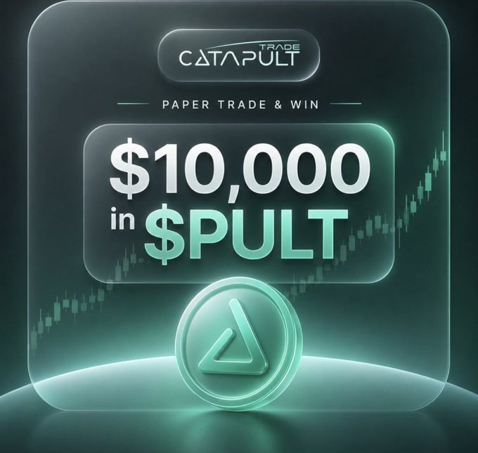 Promotional graphic for Catapult Trade's "Paper Trade & Win" tournament featuring a $10,000 prize pool in $PULT tokens, displayed with the Catapult logo and an ascending stock chart in the background. The image visually reinforces the post's announcement of a risk-free trading competition where users can win token prizes without risking real capital.