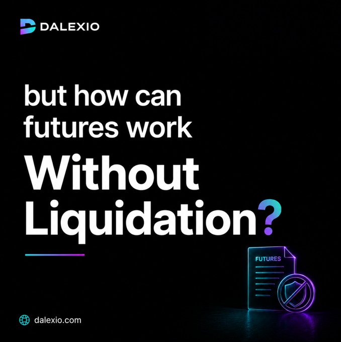 Dark promotional graphic from DALEXIO asking 'but how can futures work Without Liquidation?' featuring a neon-styled 'FUTURES' document icon and shield.