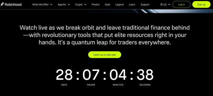 The Robinhood website homepage featuring a countdown timer (28 days, 07 hours) with text about launching revolutionary trading tools that put elite resources in users' hands.