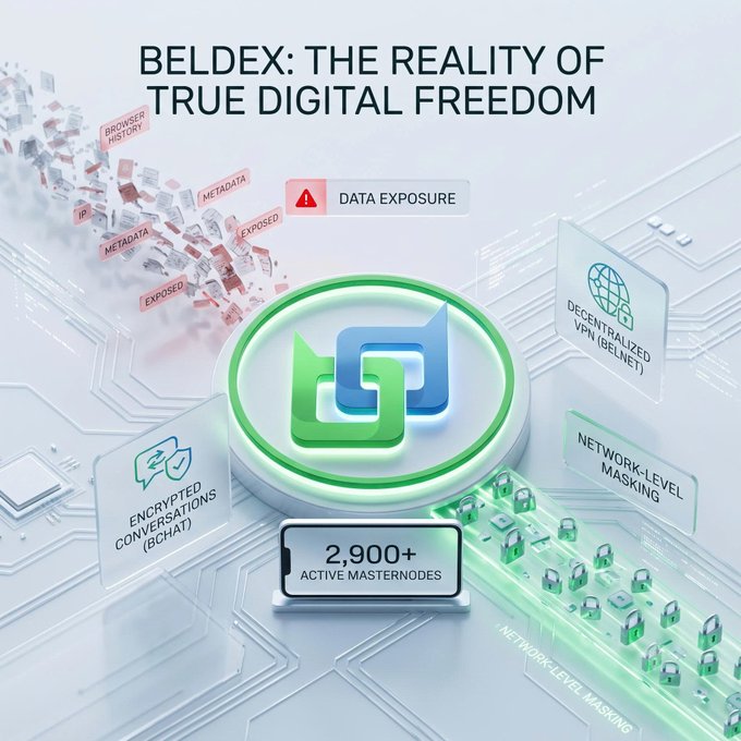 A promotional graphic for BelDex titled 'BELDEX: THE REALITY OF TRUE DIGITAL FREEDOM' highlights features like Decentralized VPN, Network-Level Masking, Encrypted Conversations, and notes over 2,900 Active Masternodes.