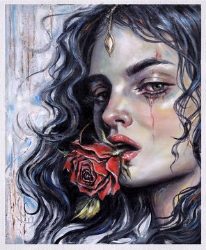 A stylized portrait of a tearful woman with flowing dark hair holding a red rose near her mouth. No text, numbers, or names are visible; it appears to be the “beautiful art” referenced in the post.