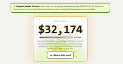 A digital graphic displays 'Paypal payout for 1,650' with a total amount of '$32,174' and a 'Share this card' button at the bottom.