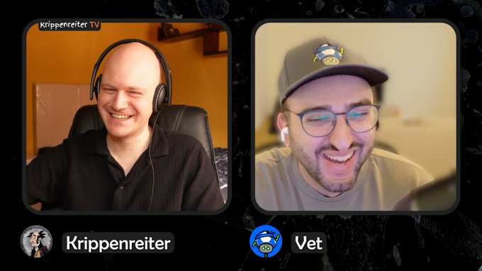 The image shows a split-screen video call between two smiling men, labeled "Krippenreiter" and "Vet" with their respective profile icons, representing the hosts of the podcast series "Krippenreiter TV" featuring Vet_X0 discussing XRP and XRP Ledger topics.