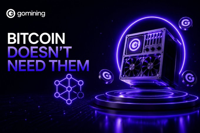This image depicts "Bitcoin Doesn't Need Them" with a mining rig and Gminining logo, suggesting that Bitcoin no longer requires traditional mining power. The graphic visualizes the concept of Bitcoin's independence from certain mining operations, aligning with the post's narrative about miners shifting focus to AI.