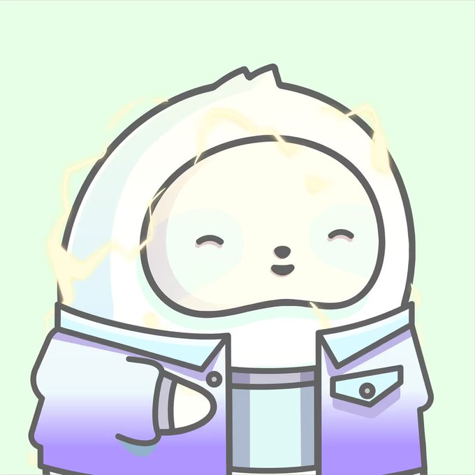 A cute cartoon character wearing a white and purple hooded jacket with a small, smiling face and yellow lightning effects around its head.
