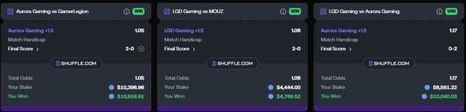 The image shows three winning esports betting slips from Shuffle.com featuring bets on matches between Aurora Gaming, LGD Gaming, and MOUZ, with total winnings of $20,318.91 on a $10,398.98 stake, including a successful 2-0 final score prediction. The slips correspond to the post's mention of @shufflecom, showcasing a mix of successful League of Legends and Dota 2 bets.