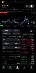 A mobile screenshot of a crypto trading application displaying the 'BTC/USDT' market on the Coinex exchange, featuring a price chart and order book data.