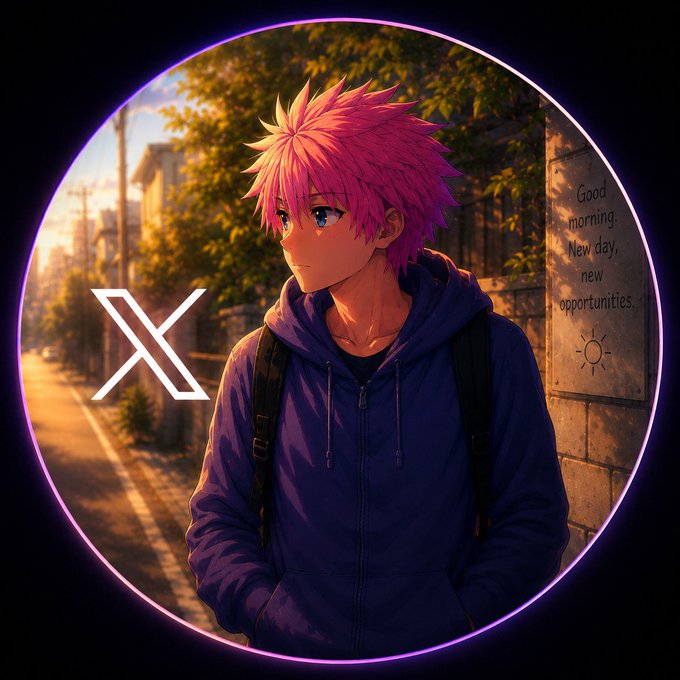 An anime-style profile picture featuring a pink-haired boy in a blue hoodie with an X (Twitter) logo, framed in a glowing purple circle, with text reading 'Good morning. New day, new opportunities.'