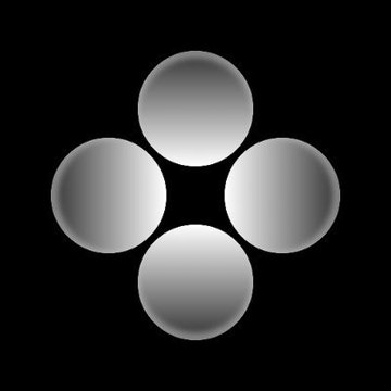 A simple graphic showing four gray gradient circles arranged in a diamond pattern against a black background.