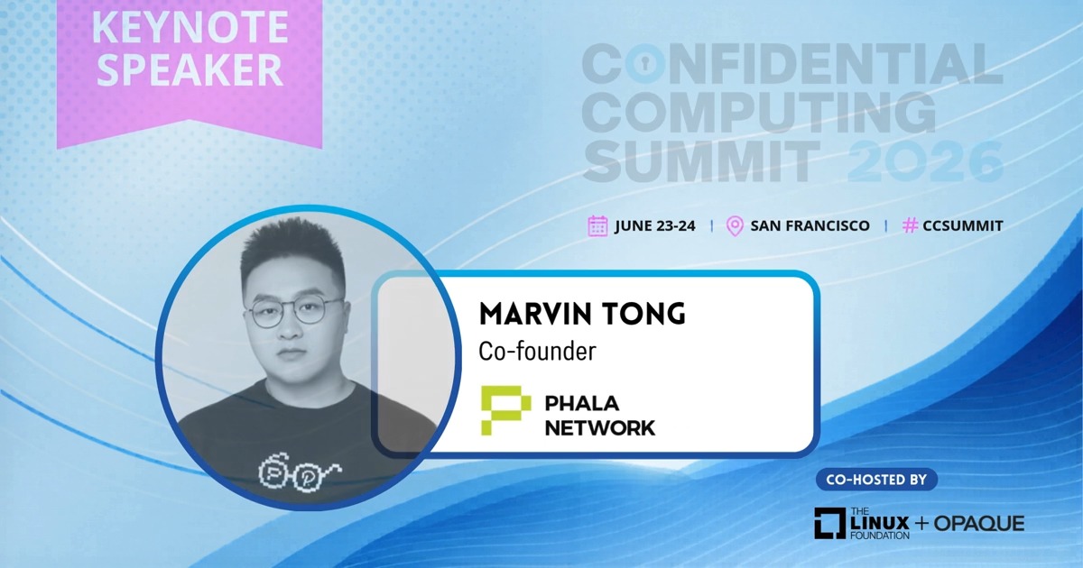 The image features a poster for a conference where a speaker named Marvin Tong will be speaking at the keynote session of the Confidential Computing Summit. The poster includes a photo of the speaker, who appears to be wearing glasses and has short hair. The text on the poster highlights that the event is focused on "The future of AI infrastructure needs trust built in from day one." It also mentions that @PhalaNetwork will be present at the conference as a co-founder, and they are excited about sharing their insights with the audience.