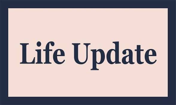 A simple graphic with the text 'Life Update' displayed in bold dark letters on a light pink background with a navy blue border.