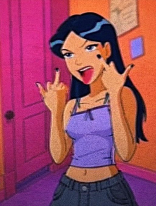 A cartoon illustration of a dark-haired woman in a purple tank top making hand gestures, with her tongue out and an annoyed expression, standing in a room with a pink door.