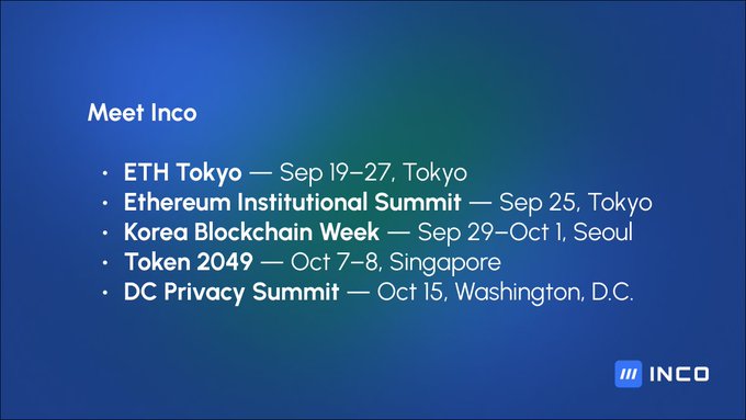 Slide titled 'Meet Inco' listing upcoming events including ETH Tokyo (Sep 19-27), Ethereum Institutional Summit (Sep 25), Korea Blockchain Week (Sep 29-Oct 1), Token 2049 (Oct 7-8), and DC Privacy Summit (Oct 15).