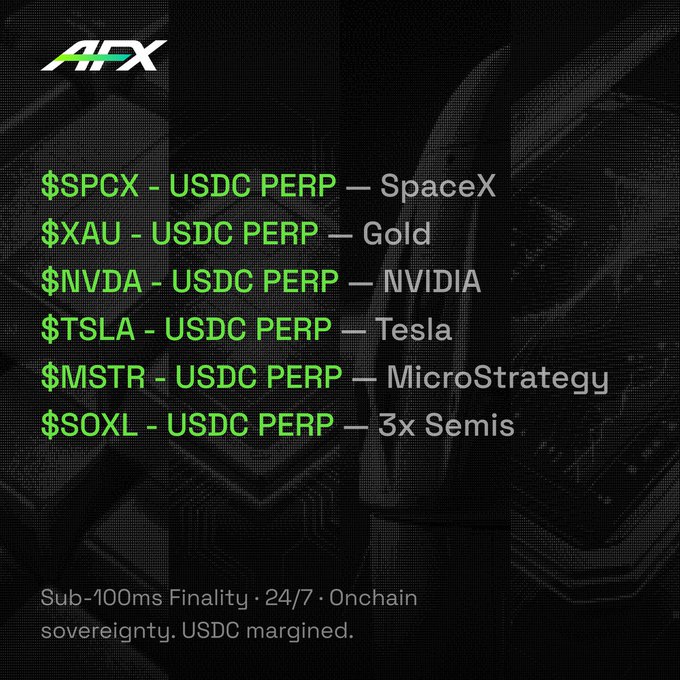 The image shows a black background with white text that reads "AIX sub-100msfinity, 24h 7/7. Trading perps. Commodity perps. Crypto native infrastructure. The hottest narratives in one place. Now tradable as perps. $SPCX - USDC PERP - Spacex Gold $NVDA USDC PERP - NVDIA TESLA $MSTR USDC PERP - TESLA $SOXL USDC PERP - TESLA".
