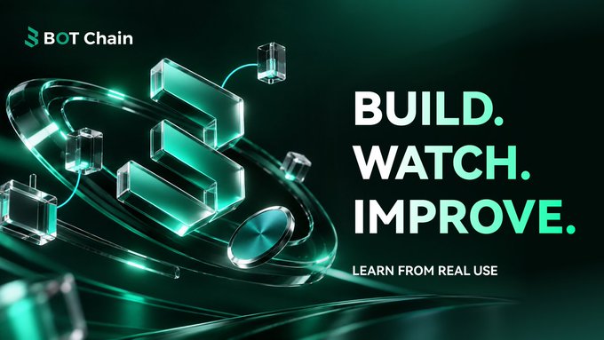 A promotional graphic for BOT Chain featuring a green 3D logo and text reading 'BUILD. WATCH. IMPROVE. LEARN FROM REAL USE' against a dark green technological background.