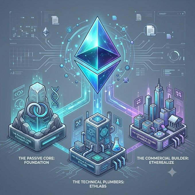 The image is a stylized digital infographic depicting the Ethereum ecosystem as three interconnected pillars: "THE PASSIVE CORE: FOUNDATION" (the Ethereum Foundation, shown as a stone monument with rings), "THE TECHNICAL PLUMBERS: ETHLABS" (a technical hub with gears and a flask), and "THE COMMERCIAL BUILDER: ETHEREALIZE" (a glowing corporate cityscape), all linked beneath the central Ethereum logo. It visually illustrates the post's claim about the shifting power dynamics within Ethereum's governance, emphasizing how the Foundation's diminishing ETH holdings (~0.1% of supply) have given way to the influence of technical builders (EthLabs) and commercial entities (Etherealize).