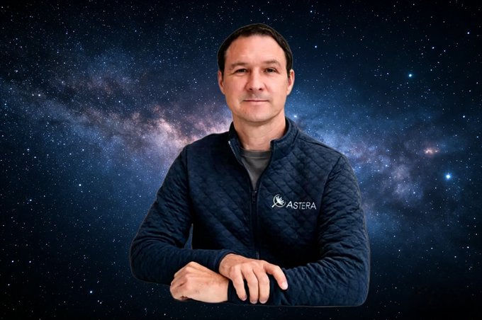 A man wearing a dark blue Astera jacket poses against a cosmic Milky Way backdrop, representing the post's message about Jed McCaleb's vision for linking global financial systems through $XLM (Stellar) as a frictionless value transfer network.