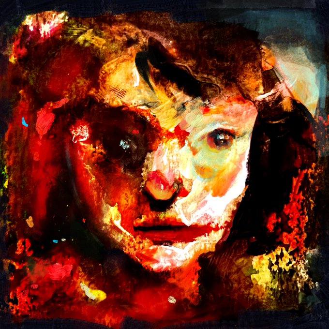 A digital painting portrays a face rendered in an expressionistic style with intense red, orange, and yellow brushstrokes.