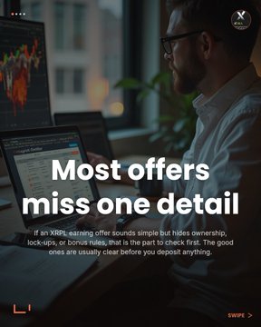 A promotional graphic with a man working on a laptop that reads 'Most offers miss one detail,' warning about XRPL-earning offers that hide ownership, lock-ups, or bonus rules.