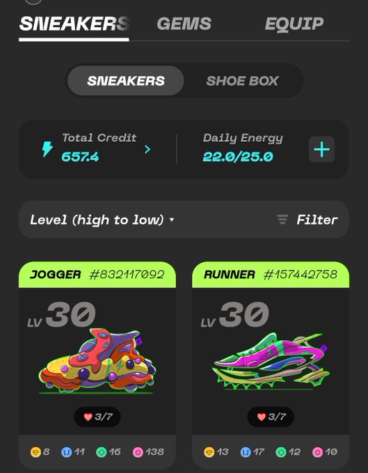 A mobile app interface titled 'SNEAKERS' showing Total Credit 657.4 and Daily Energy 22.0/25.0, with two Level 30 NFT sneakers displayed: JOGGER #832117092 and RUNNER #157442758.