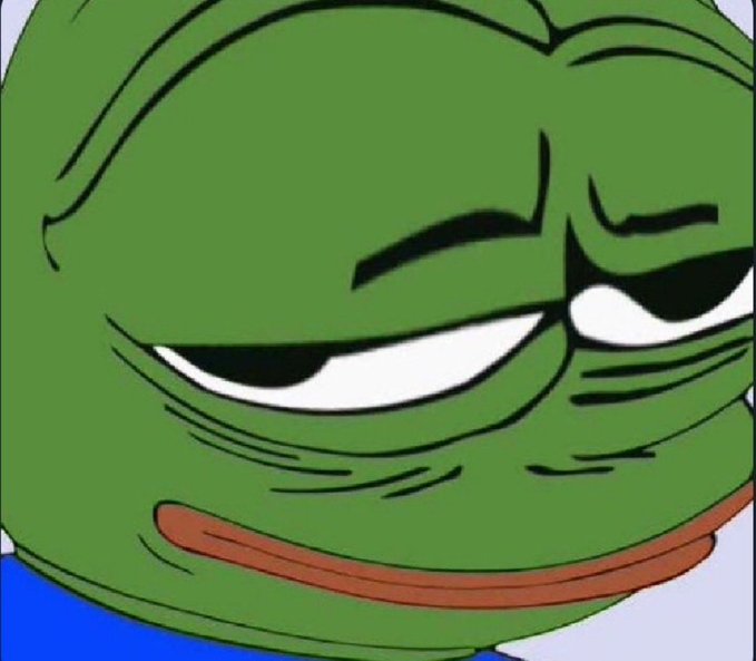 A close-up of the Pepe the Frog meme with tired, half-closed eyes and a flat, unamused expression conveys a sense of exhaustion and resignation, matching the caption's sentiment of waiting tediously for the $PEPE cryptocurrency to post gains again.