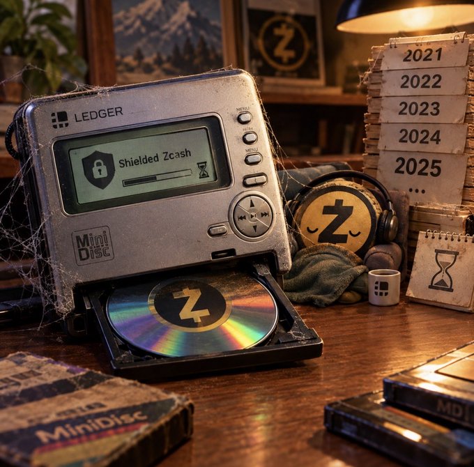 A dusty MiniDisc player branded 'LEDGER' displays 'Shielded Zcash' on its screen, surrounded by cobwebs, Zcash coins, and a calendar showing years 2021-2025.