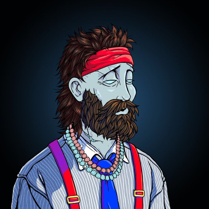 A cartoon-style portrait of a zombie-like man with a red bandana, a thick beard, a blue tie, suspenders, and multiple beaded necklaces against a dark background.