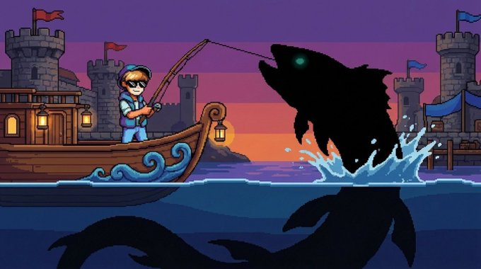A pixel-art fisherman on a wooden boat reels in a massive glowing-eyed shark from purple twilight waters, with a fortress of stone towers and red flags in the background. The dramatic scene captures the cozy fishing-adventure spirit referenced in the post about Fishing Frenzy's Stardew Valley-inspired RPG gameplay on Ronin.