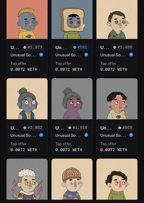A grid display of cartoon-style NFT avatars with various traits, each listed with a '#' number, the name 'Unusual So...', and a 'Top offer 0.0072 WETH'.