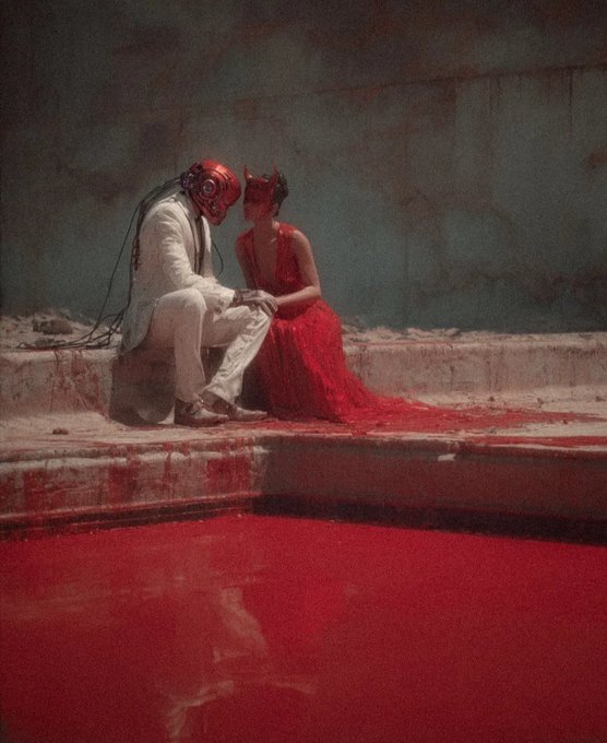 A surreal digital artwork shows a figure in a white suit wearing a red robotic head sitting beside a horned woman in a flowing red dress, both positioned by a pool filled with red liquid.