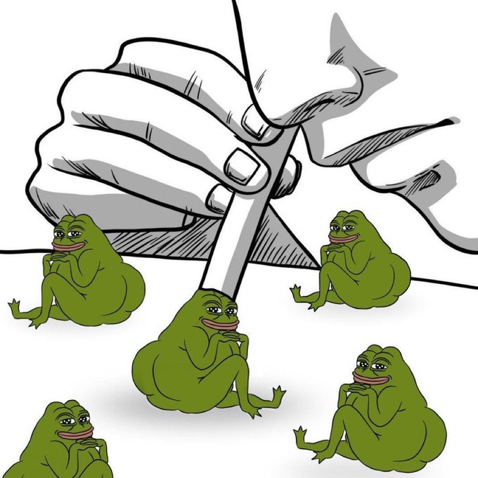 A Pepe the Frog meme showing a hand holding scissors about to cut several sitting Pepe frogs apart.