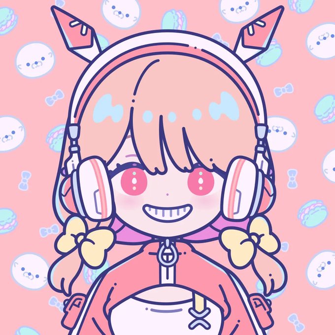 A pink-toned anime-style illustration of a smiling character with pink hair, cat-like ear accessories, headphones, and a sailor uniform, surrounded by small cute icons.