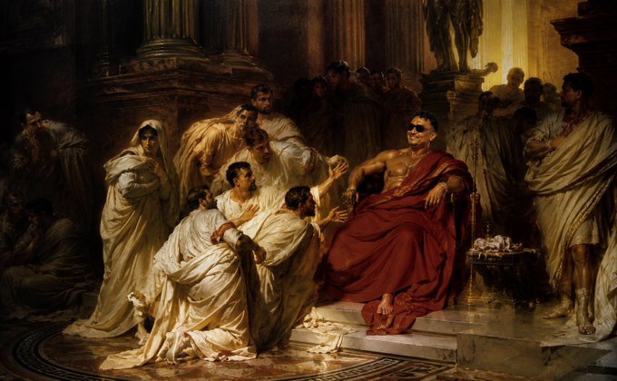 A classical oil painting depicting a scene in ancient Rome with a figure in a red toga seated on a throne surrounded by courtiers in white robes.