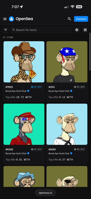 The image shows a collection of six different cartoon monkey characters, each with unique features such as glasses or hats. The monkeys are displayed in various poses and settings, including one wearing sunglasses and another holding an American flag hat. The background color appears to be green, which contrasts with the colorful and lively nature of the cartoon characters. The post mentions that a user has joined the club four weeks ago and is now holding 8 BAYC (Bayside All-Stars Club).