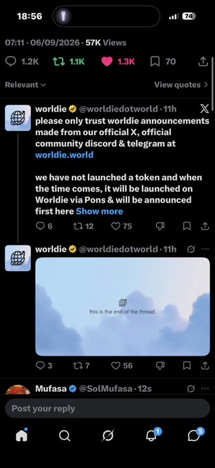 A Twitter/X post screenshot from @worlddiedotworld at 18:56 with 57K views, warning followers to only trust official announcements on worldie.world and noting no token has been launched yet.